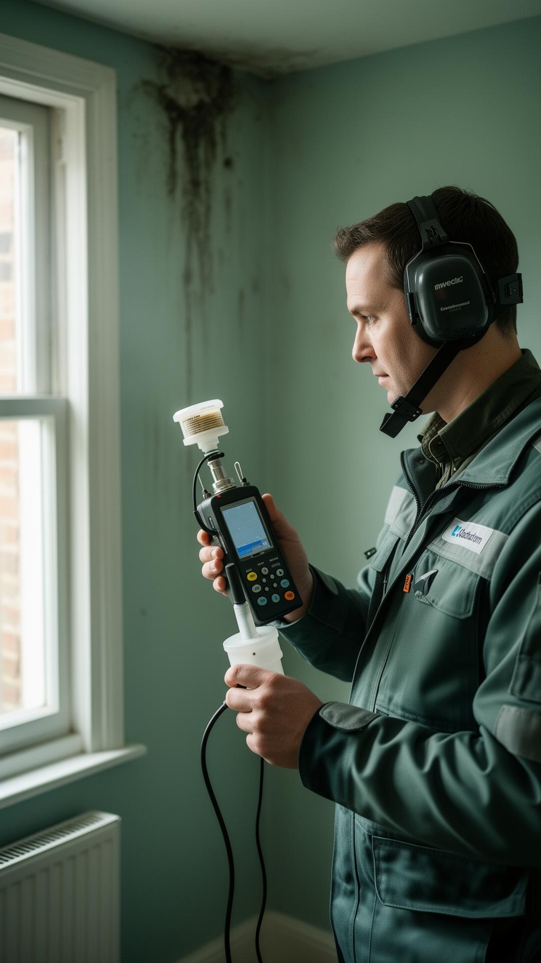 Mould testing specialist operating a calibrated airborne spore sampling pump in a UK home