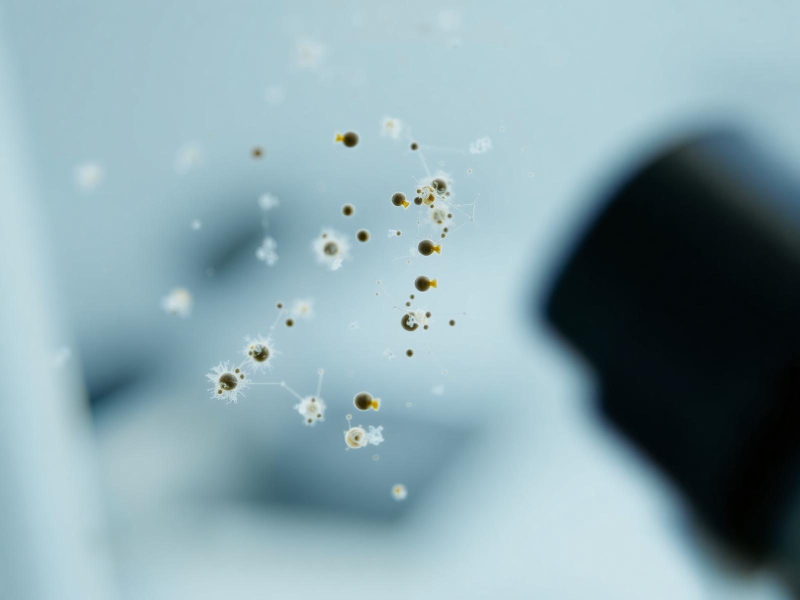 Mould spores under laboratory microscopy on a spore-trap slide